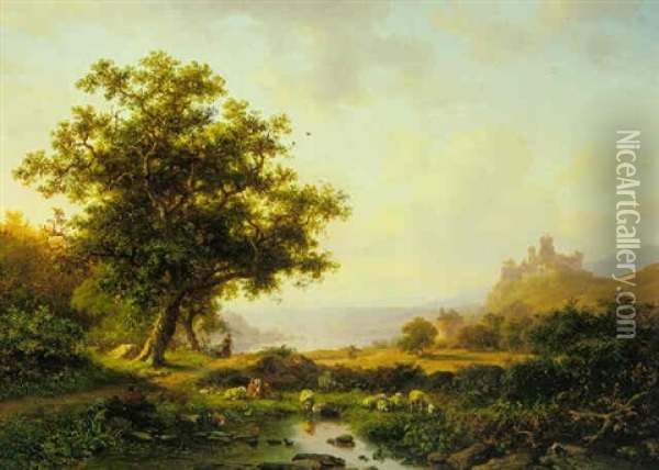 An Extensive River Landscape With A Castle On A Hill        Beyond Oil Painting - Frederik Marinus Kruseman