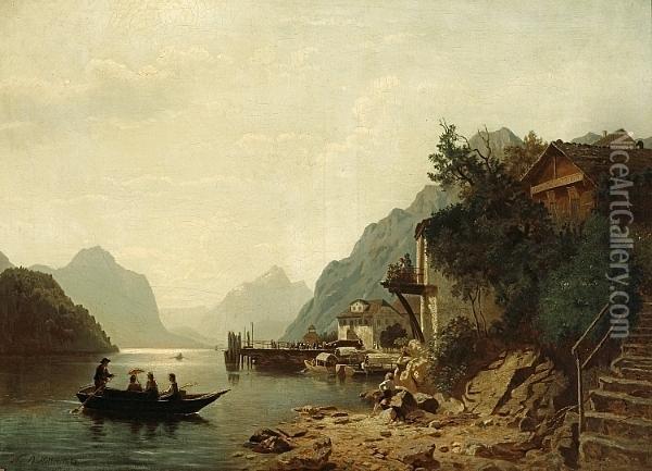 A View Of A Lake In A Mountainous Landscape With Numerous Figures On Shore And Figures In A Boat In The Foreground Oil Painting - Niels Bjornson Moller
