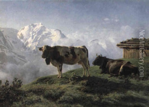 Kuhe Auf Einer Alpweide Oil Painting - Albert Lugardon