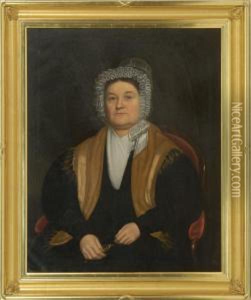 Portrait Of A Woman Seated In An Empire Chair And Wearing A Whitelace Bonnet Oil Painting - William Hillyer
