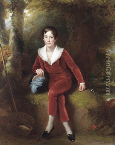 Portrait Of A Young Gentleman, Full-length, In Red, In A Landscape Oil Painting - William Owen