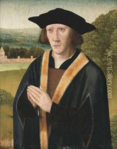 Portrait Of A Donor, Half-length, In A Fur Trimmed Robe, In Alandscape Oil Painting - Jan Provost