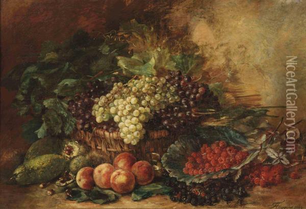 White And Black Grapes In A Wicker Basket, Surrounded By Gourds, Chestnuts, Peaches, Raspberries And Blackberries Oil Painting - Francois-Joseph Huygens