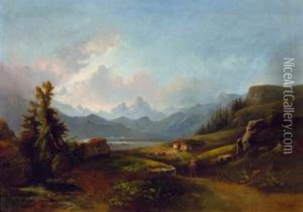 A Sunlit Path In An Alpine Landscape Oil Painting - Gustav Barbarini