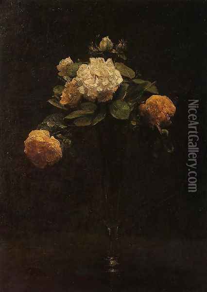 White and Yellow Roses in a Tall Vase Oil Painting - Ignace Henri Jean Fantin-Latour