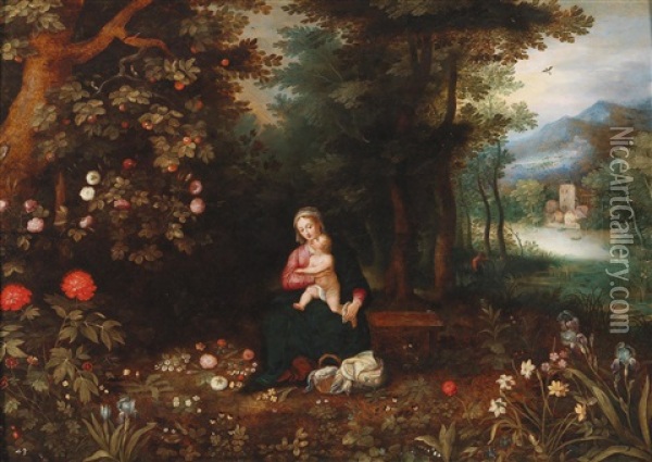 A Forest Landscape With The Rest On The Flight Into Egypt Oil Painting - Hendrik van Balen the Elder