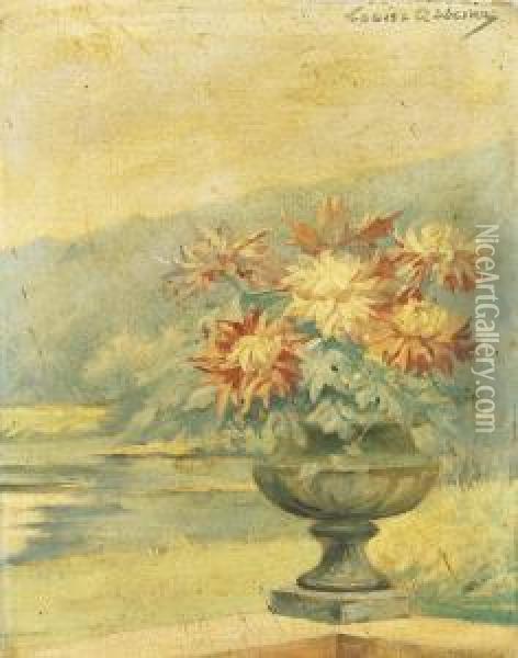 Bouquet De Dalhias Devant Un Paysage Oil Painting - Louise Abbema
