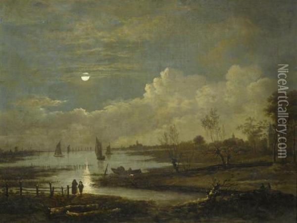 Broad River Landscape In The Moonlight. Oil Painting - Aert van der Neer