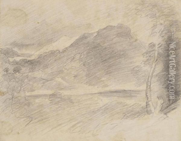 Constable, R.a. A Mountain Beyond A Lake, Probably Borrowdale Pencil 7Â½ X 9Â½ In Oil Painting - John Constable