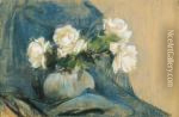 White Roses And Blue Draperie Oil Painting - Leon Wyczolkowski