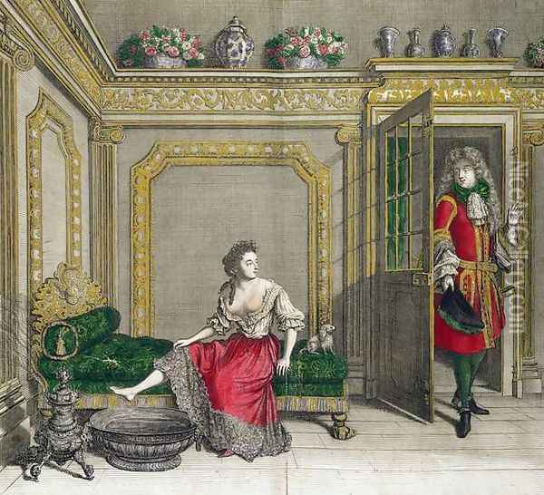 Lady undressing for the bath, published c.1688-90 Oil Painting - Jean Dieu de Saint-Jean