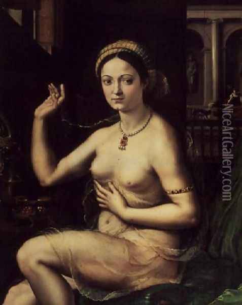 Woman with a Mirror Oil Painting - Giulio Romano (Orbetto)