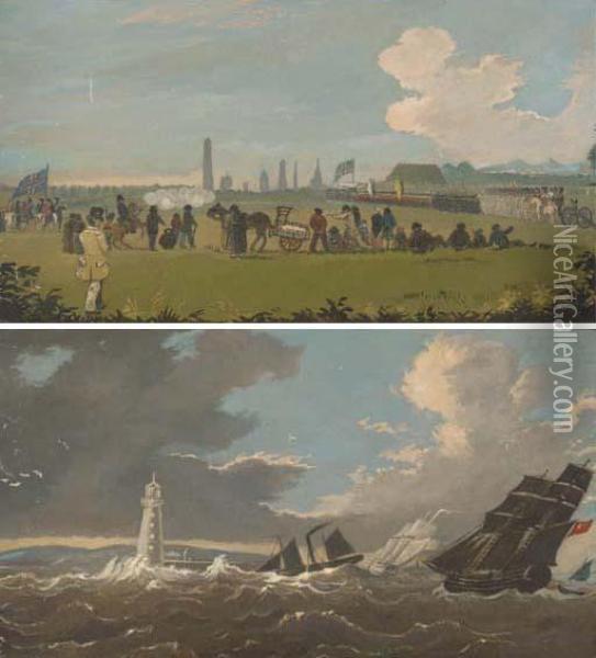 Exercise In Phoenix Park, Dublin; And Shipping In Dublin Bay, Nearthe Poolbeg Lighthouse Oil Painting - William II Sadler