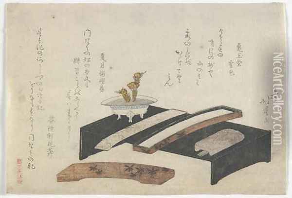 Surimono illustrating a writing desk Edo period Oil Painting - Toyota Hokkei