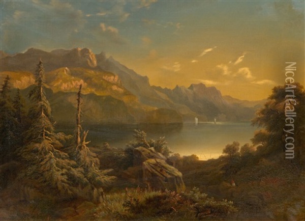 Lake Brienz, Viewed From Bodeli Near Bonigen Oil Painting - Alexandre Calame