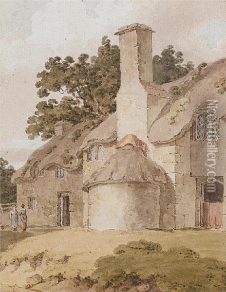 Figures Standing Outside A Cottage Oil Painting - John Varley