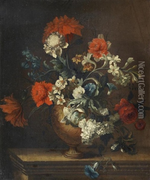 Peonies, Convolvulus, Narcissi And Other Flowers In A Vase On A Stone Ledge Oil Painting - Jean-Baptiste Monnoyer