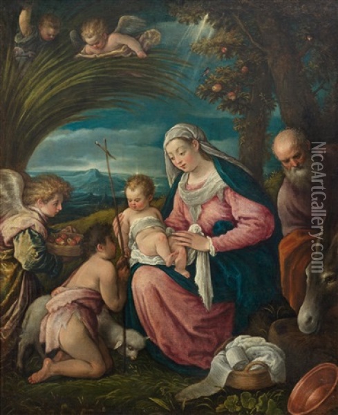 The Holy Family With John And An Angel Oil Painting - Leandro da Ponte Bassano