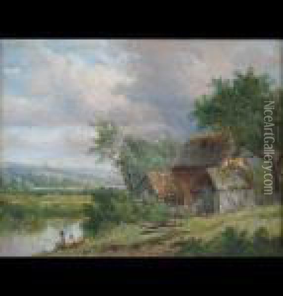 River Landscape Scenes With Figures Fishing Either From A Boat Or The Bank Oil Painting - Joseph Thors