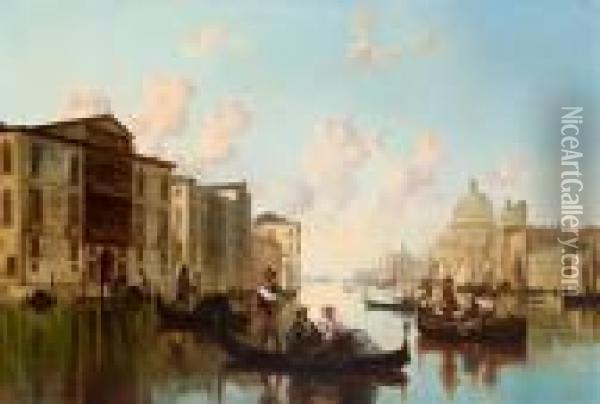 Venezia - Canale Animato Dal 
Passaggio Delle Gondole Con Santa Maria Della Salute Sullo Sfondo Oil Painting - Josef Carl Berthold Puttner