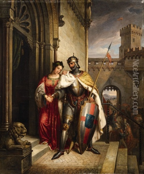 The Knight's Farewell (2 Works) Oil Painting - Ludwig Bruls