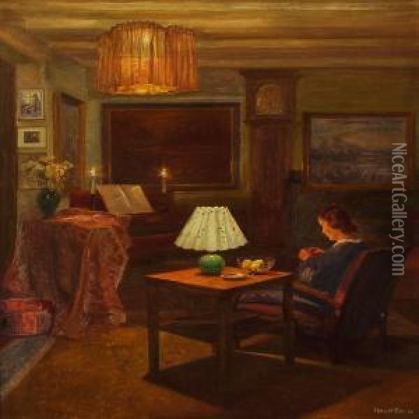 Evening Living Room Interior Oil Painting - Robert Panitzsch