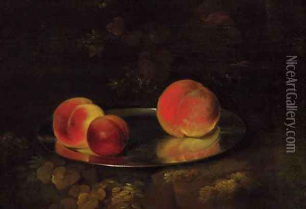 Peaches and a plum on a silver dish Oil Painting - George, of Chichester Smith