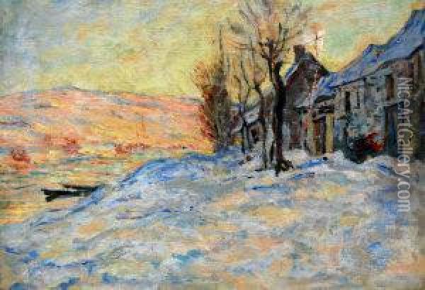 Cottages In The Snow By A Frozen River Shore Oil Painting - James Wilson Morrice