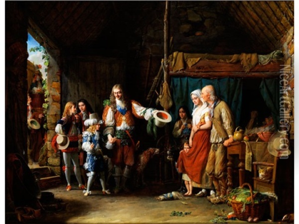Der Besuch Des Grand Dauphins In Begleitung Des Duc De Montausier In Einer Hutte Oil Painting - Jean Francois Garneray