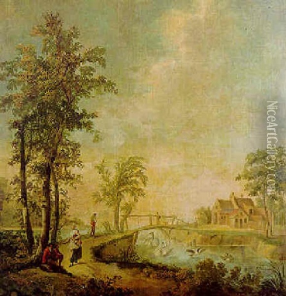 Travellers Resting On The Verge Of A Sandy Road By A Lake, A Farm Beyond Oil Painting - Jurriaan Andriessen
