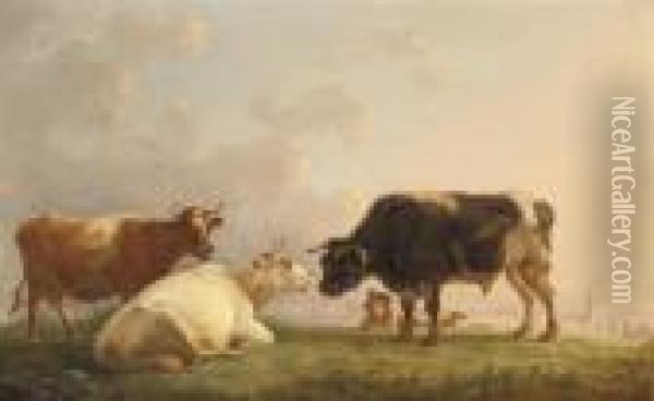 A Shepherd With His Cattle, A Village Beyond Oil Painting - Jean-Baptiste De Roy