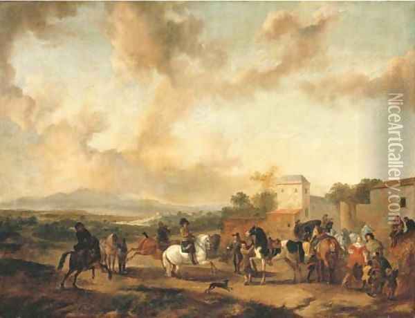A riding school in an Italianate landscape Oil Painting - Philips Wouwerman