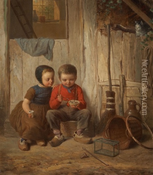 Two Children With Holding Bird's Nest Oil Painting - Johann Georg Meyer von Bremen