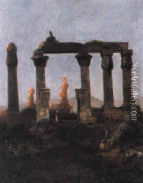 Aegyptisk Tempelruin Ved Solnedgang Oil Painting - Albert Hertel
