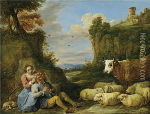 An Amorous Peasant Couple With Their Flock In A Landscape Oil Painting - David The Younger Teniers