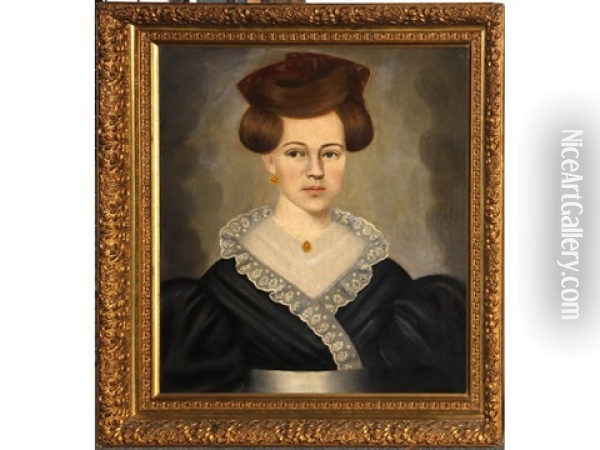 Portrait Of A Lady Wearing A Blue Gown And White Lace Collar Oil Painting - Erastus Salisbury Field