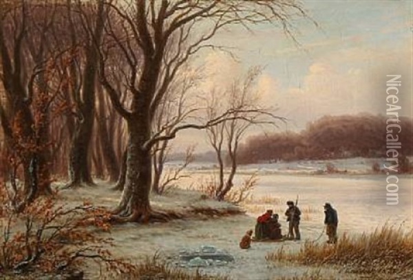 Winter With Playing Children On A Frozen Lake Oil Painting - Peter (Johann P.) Raadsig
