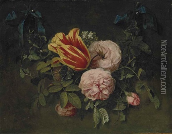 Roses Et Tulipes Tenues Par Un Ruban Oil Painting - Cornelis Kick