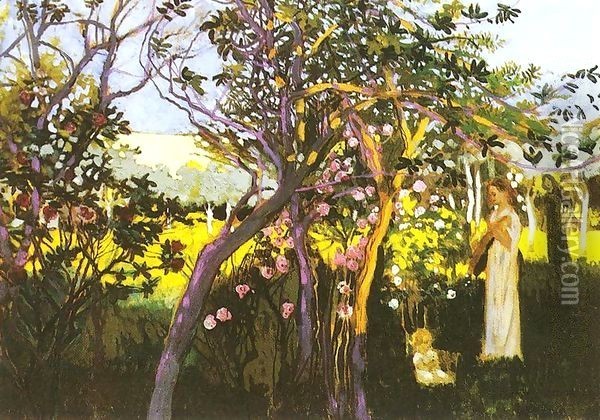 Three figures in a garden 1910 Oil Painting - Robert Bereny