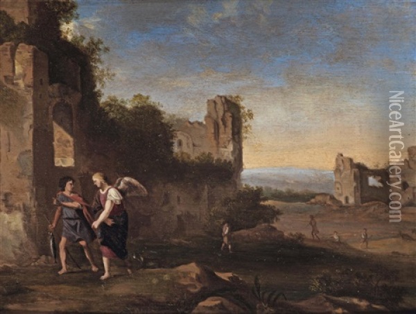 An Italianate Landscape With Tobias And The Angel Oil Painting - Johan van Haensbergen