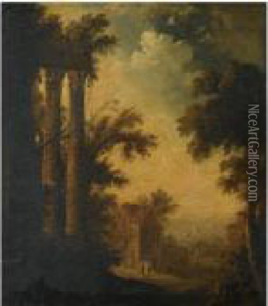A Wooded Landscape With Two Classical Columns, Two Travellers On A Path Oil Painting - Isaac de Moucheron
