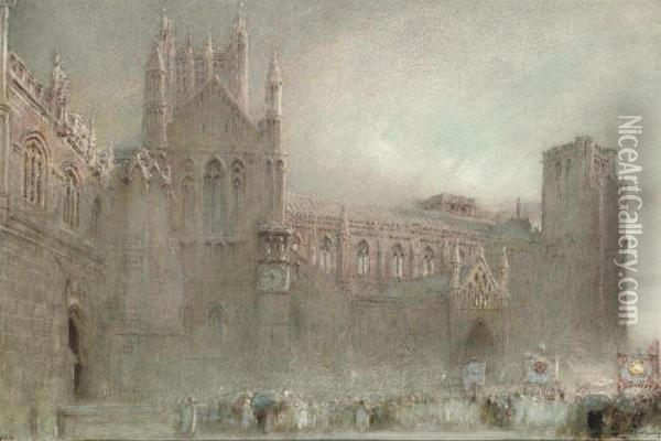 A Procession By The North Porch Of Wells Cathedral, Somerset Oil Painting - Albert Goodwin
