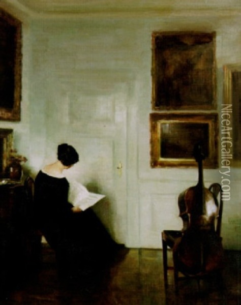 Interior - Sittande Kvinna Med Cello Oil Painting - Carl Vilhelm Holsoe