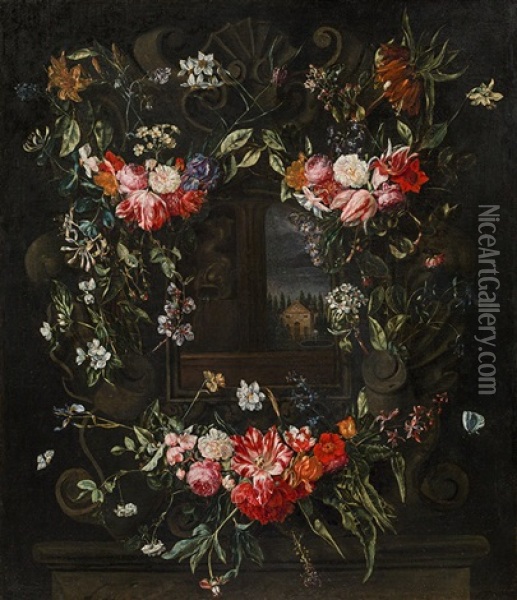 A Flower Garland Around A Cartouche With Landscape View Oil Painting - Christiaan Luycks