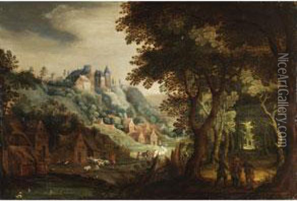 Landschaft Mit Waldrand,
Dorf Und Burg Auf Einer Anhohe Oil Painting - David Vinckboons