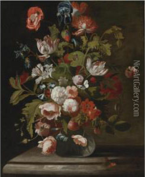 Still Life Of Roses, Tulips, An 
Iris And Other Flowers, In A Glassvase, Resting On A Table Oil Painting - Simon Pietersz. Verelst
