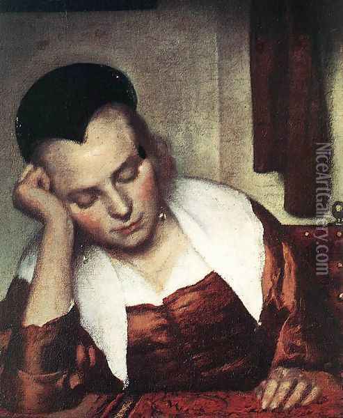 A Woman Asleep at Table (detail-1) c. 1657 Oil Painting - Jan Vermeer Van Delft