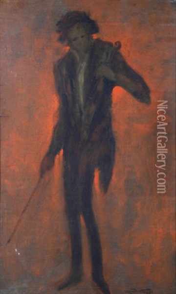 Stehender Geiger Vor Rotem Hintergrund (paganini?) Oil Painting - Rudolf Hesse