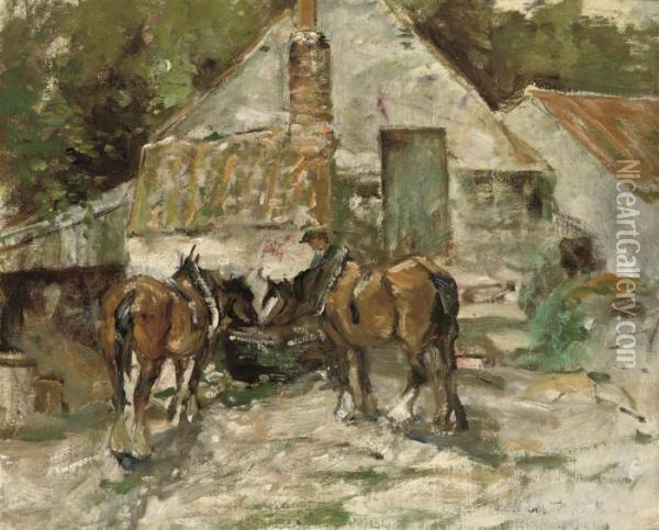 Horses At A Water Trough Oil Painting - George Smith