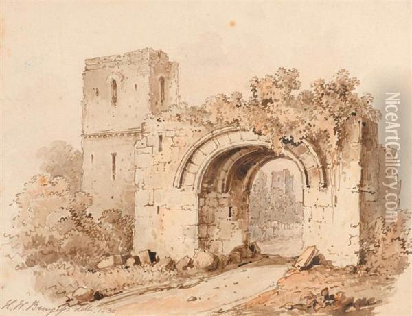 Castle Ruin With Gateway Arch Oil Painting - Henry William Burgess